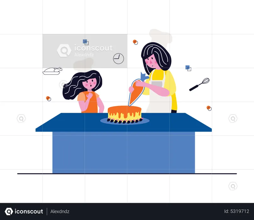 Mother and daughter making cake  Illustration