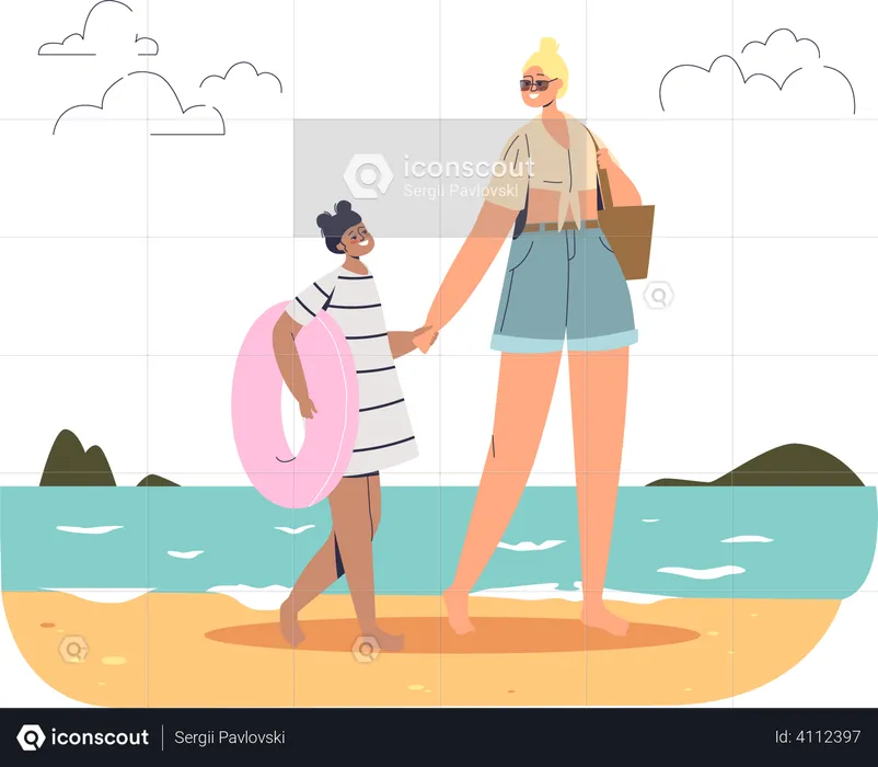 Mother and daughter on beach Illustration