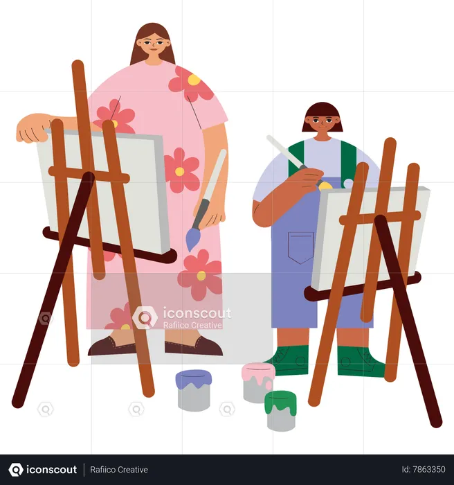Mother and daughter painting together  Illustration
