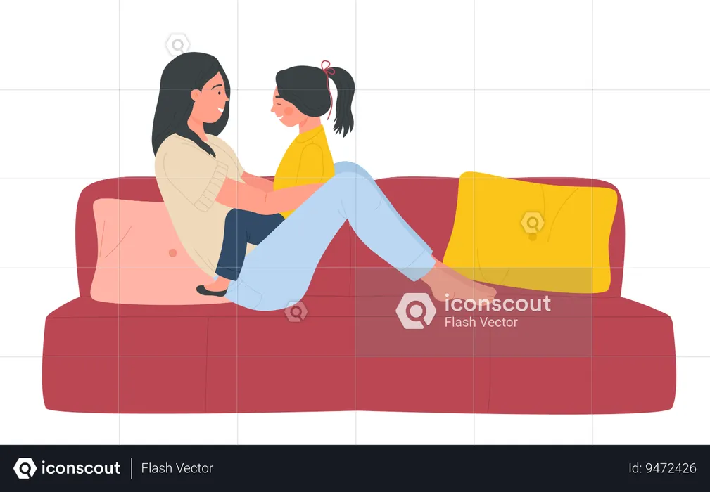 Mother and daughter play fun game on comfortable sofa  Illustration