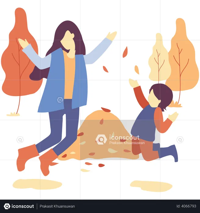 Mother and daughter play with autumn leaves  Illustration