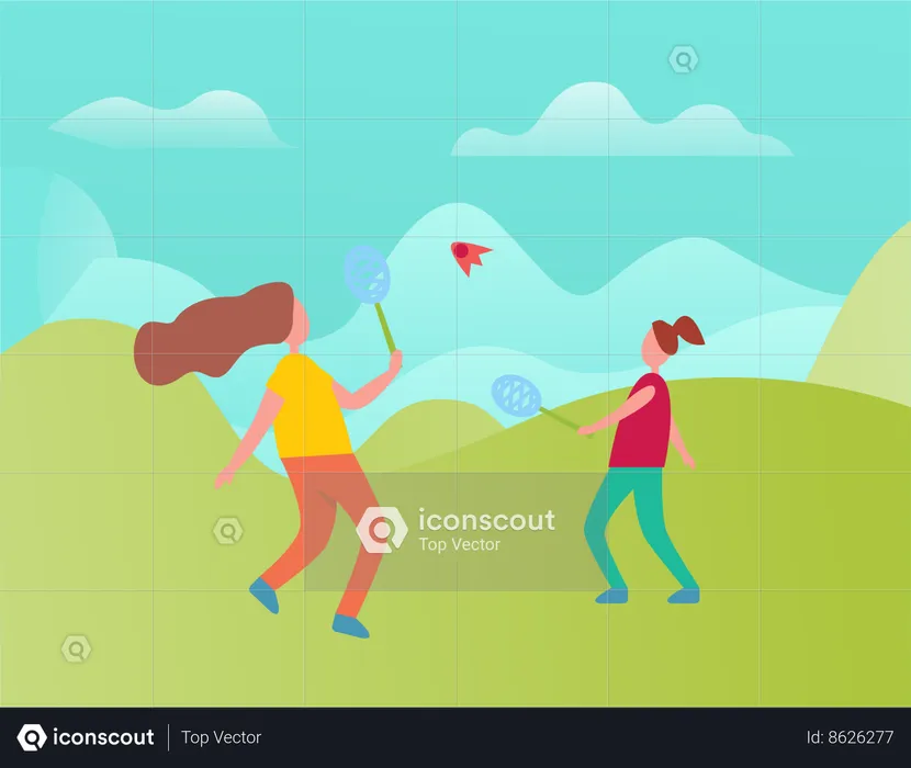 Mother and daughter playing badminton  Illustration