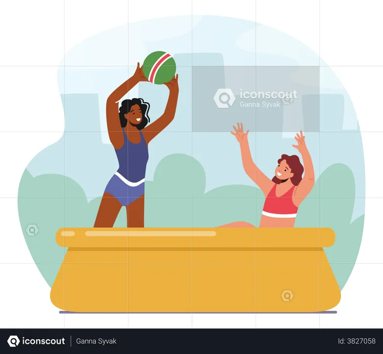 Mother And Daughter Playing Ball In Outdoor Swimming Pool  Illustration