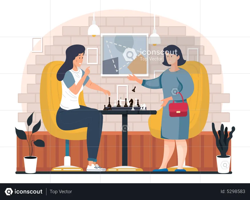 Mother and daughter playing chess  Illustration