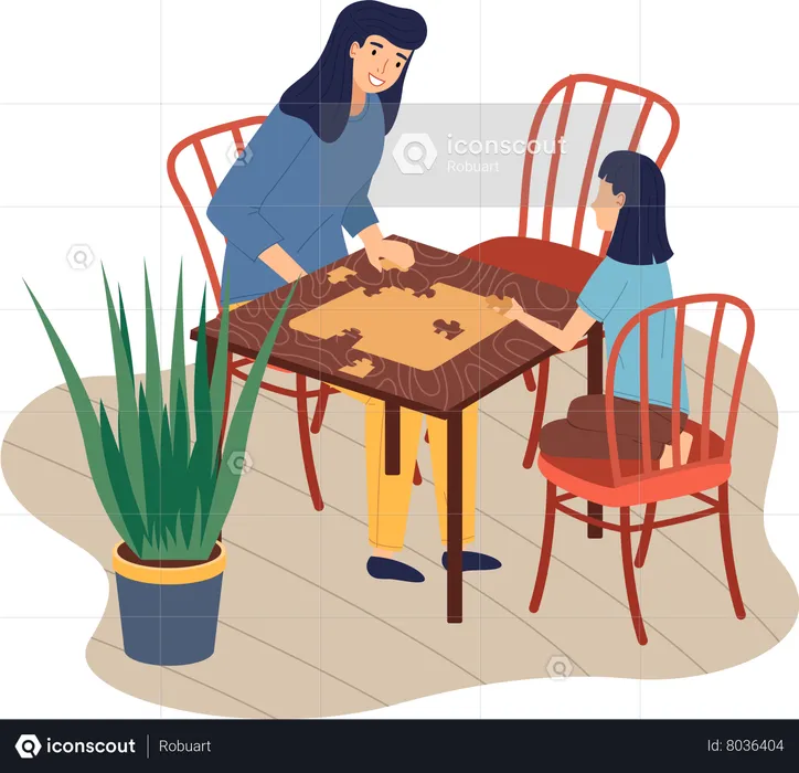 Mother and daughter playing table logic game  Illustration