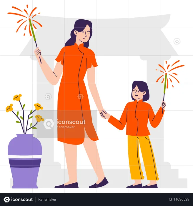 Mother and daughter playing with fireworks  Illustration