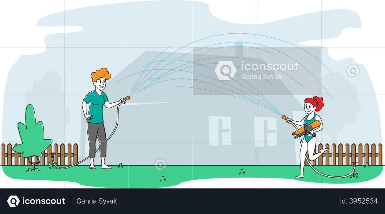 Mother and Daughter Playing with Water Hose  Illustration