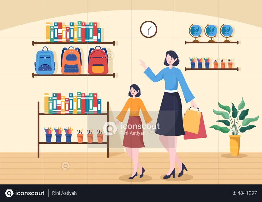 Mother and daughter purchasing Stationery  Illustration