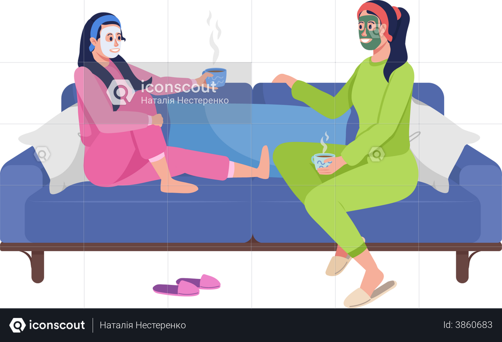Mother and daughter relaxing on sofa Illustration