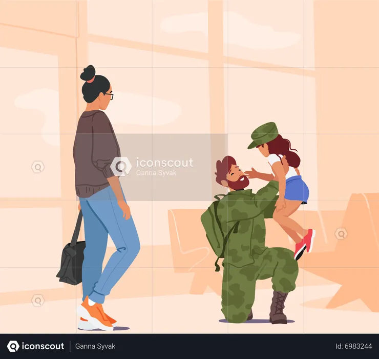Mother And Daughter Reunite With Soldier Dad  Illustration