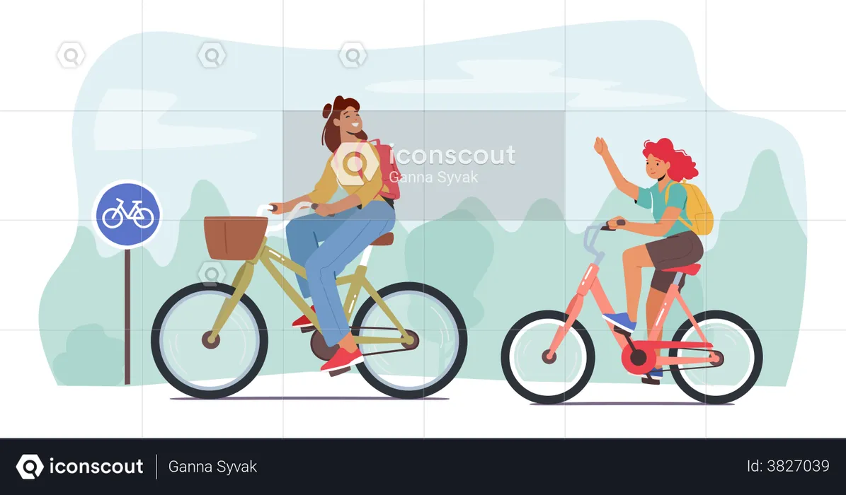 Mother And Daughter Riding Bikes  Illustration
