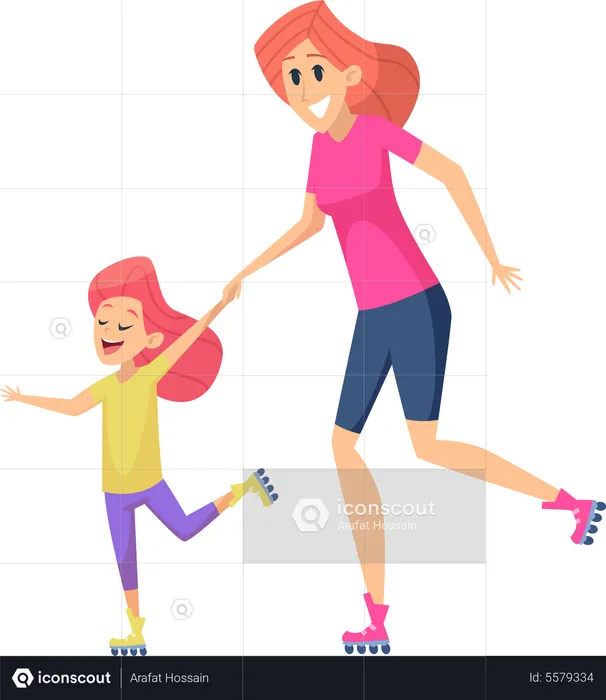 Mother and daughter riding roller skates  Illustration