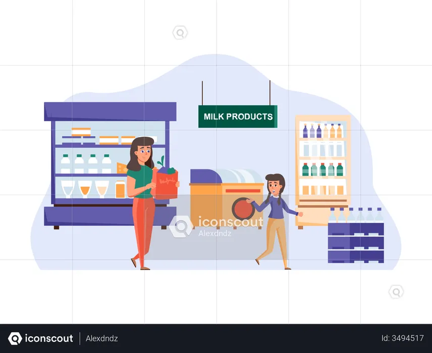Mother and daughter shopping for grocery  Illustration