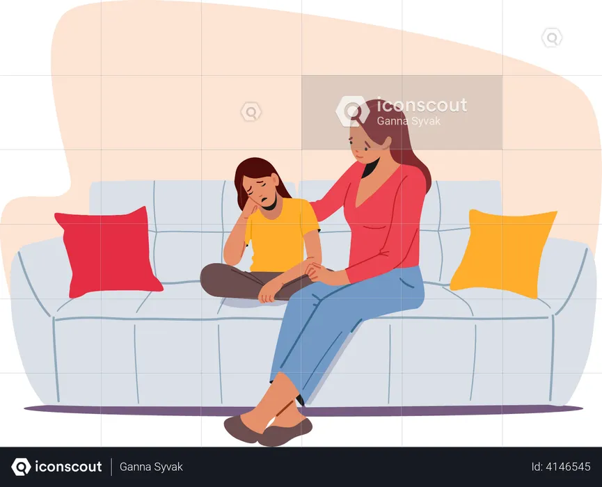 Mother and Daughter Sit on Sofa in Living Room  Illustration