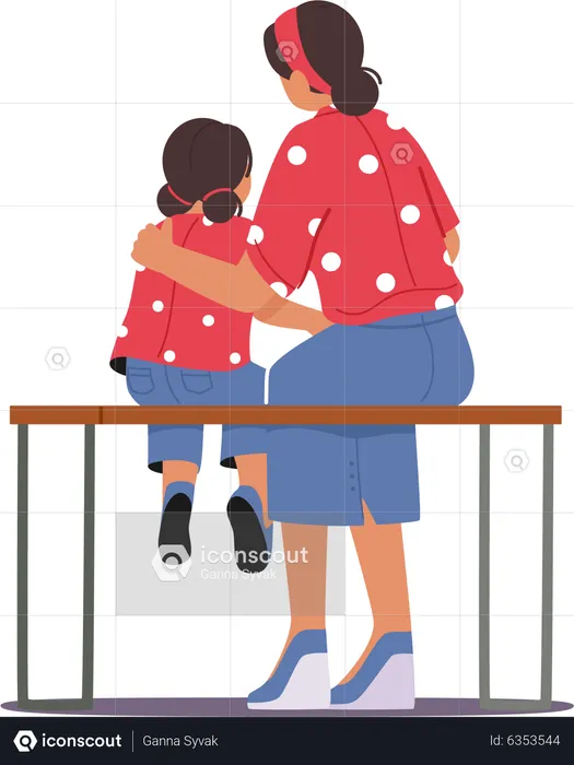 Mother and daughter sitting on bench  Illustration