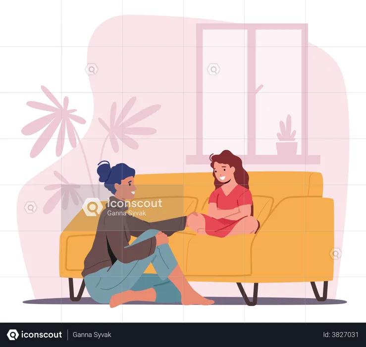Mother And Daughter Sitting On Sofa In Living Room Telling Secrets  Illustration