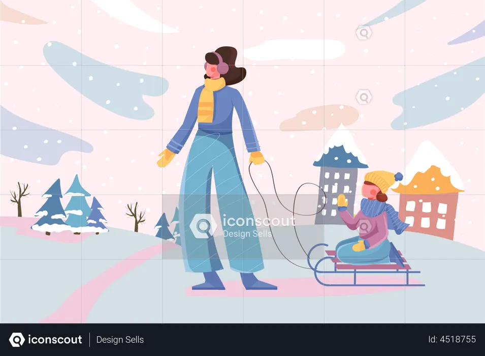 Mother and daughter sledding at city and snowfall  Illustration