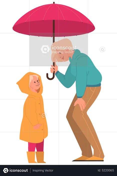 Mother and daughter standing under umbrella  Illustration