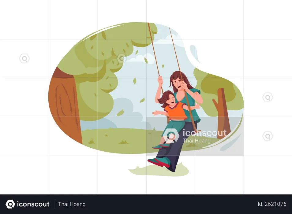 Mother and daughter swing at garden  Illustration