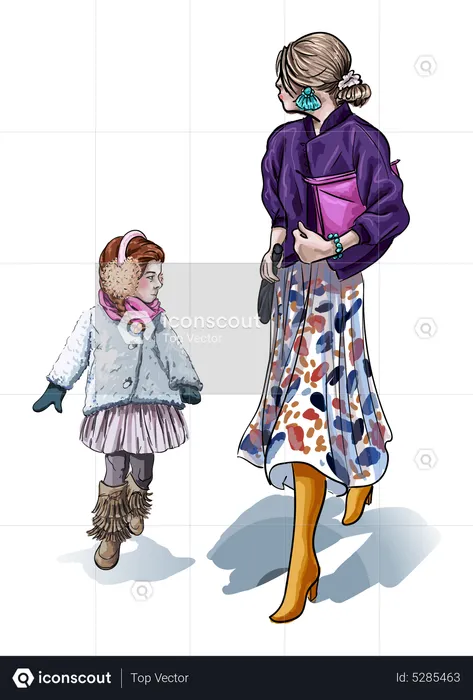 Mother and daughter walking together  Illustration