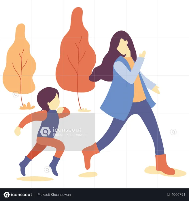 Mother and daughter walking together in autumn park  Illustration