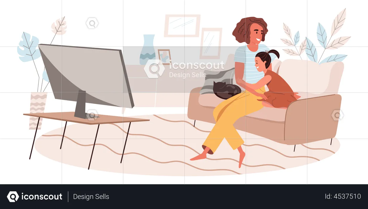Mother and daughter watching TV together  Illustration