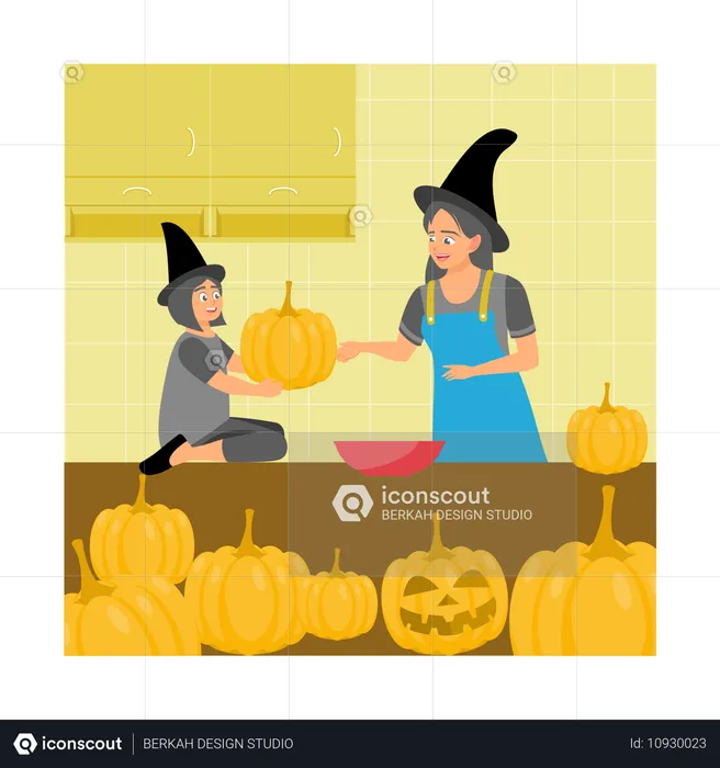 Mother and daughter wearing witch costumes  Illustration