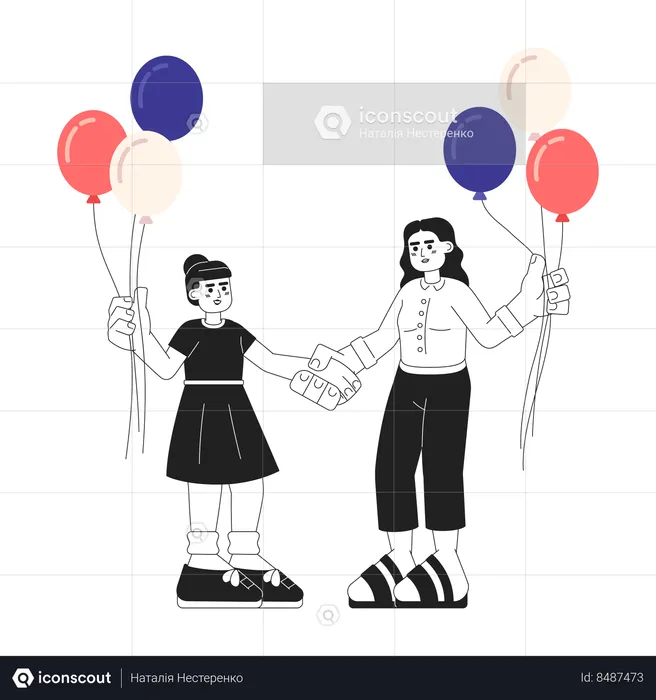 Mother and daughter with patriotic balloons  Illustration