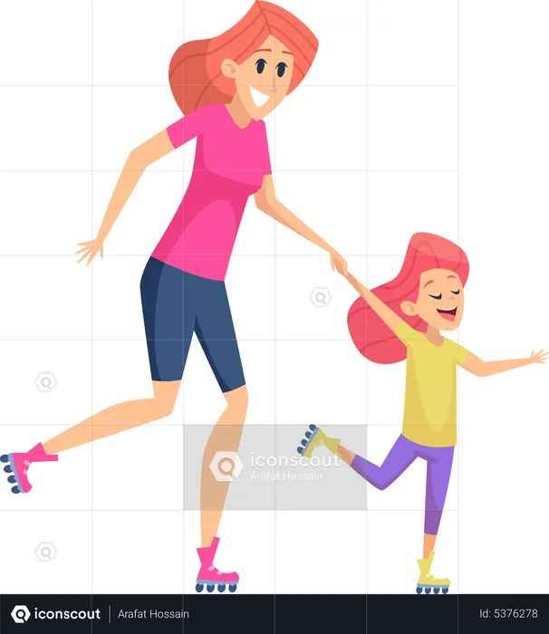 Mother and daughters enjoying skating  Illustration