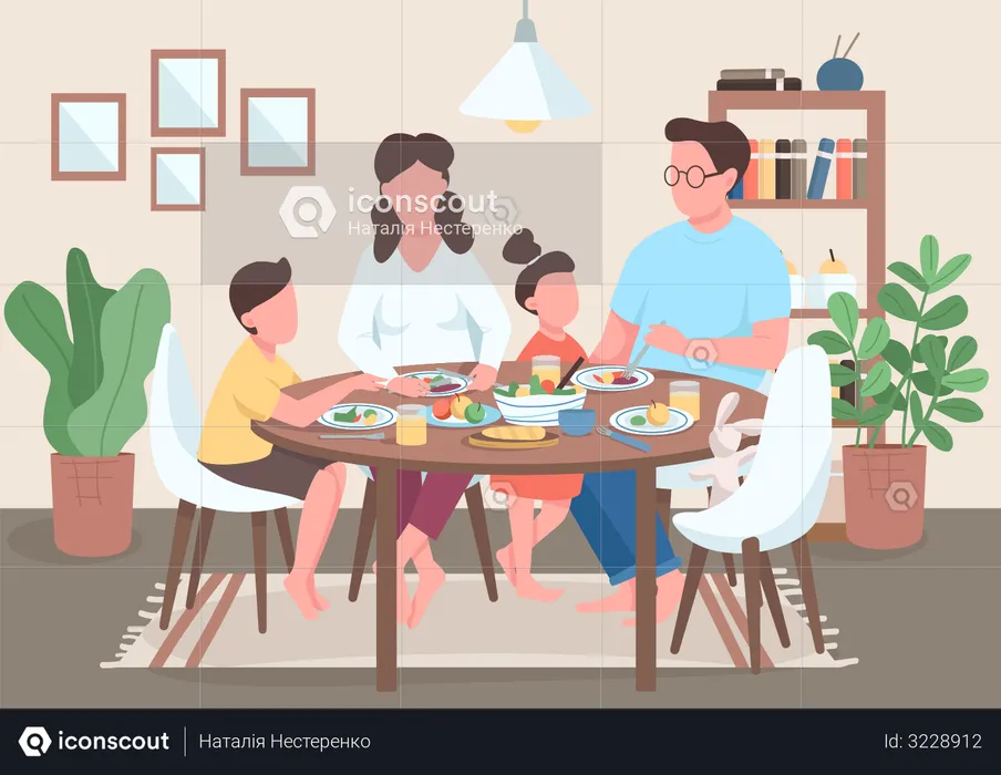 Mother and father eating food with kids  Illustration