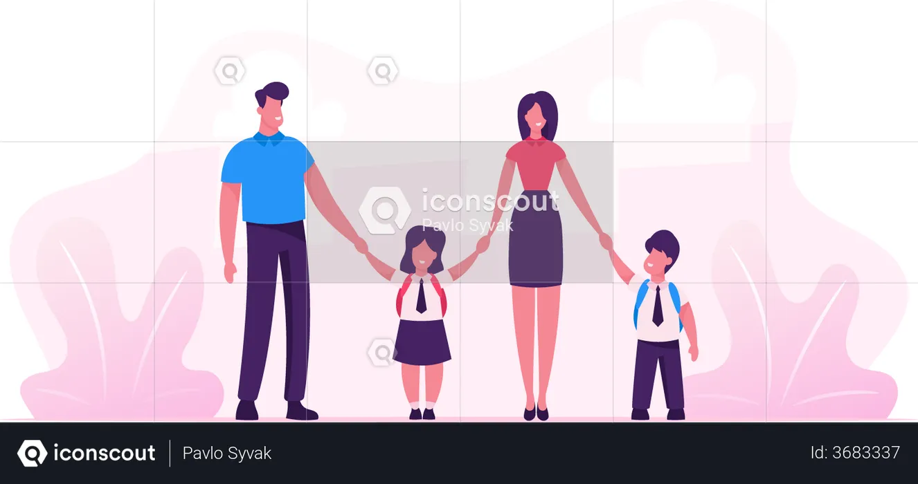 Mother and Father Leading their Children to School  Illustration
