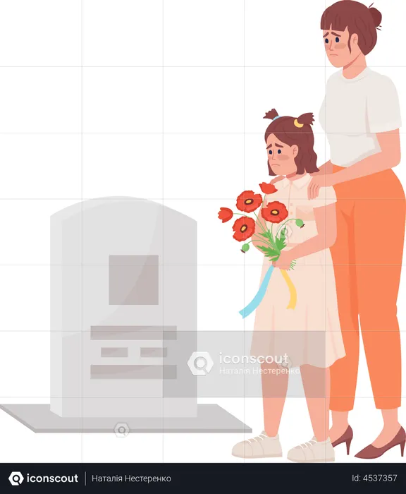 Mother and girl on grave  Illustration