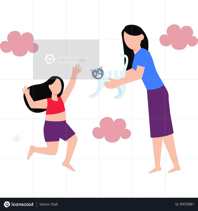 Mother And Girl Playing With Cat  Illustration