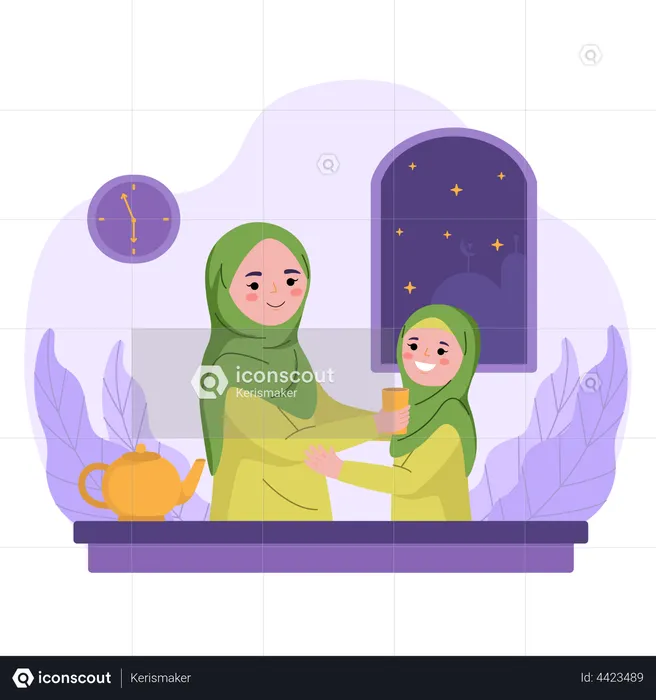 Mother and girl taking iftar on ramadan  Illustration