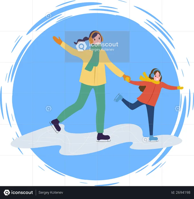 Mother and her daughter enjoying skiing  Illustration