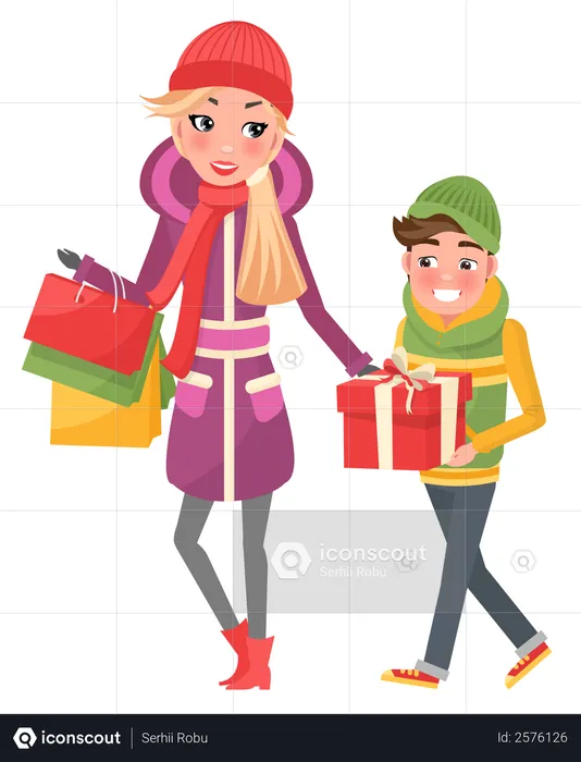 Mother and her son doing christmas shopping  Illustration