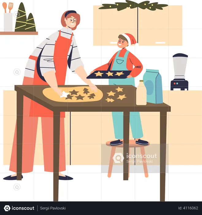 Mother and kid cooking ginger cookie preparing for xmas  Illustration