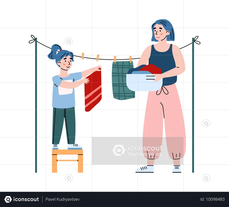 Mother and kid girl hanging clothes for dry daughter help mom with housework  Illustration