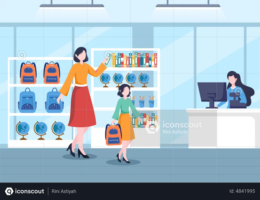 Mother and kid in Stationery Shop  Illustration