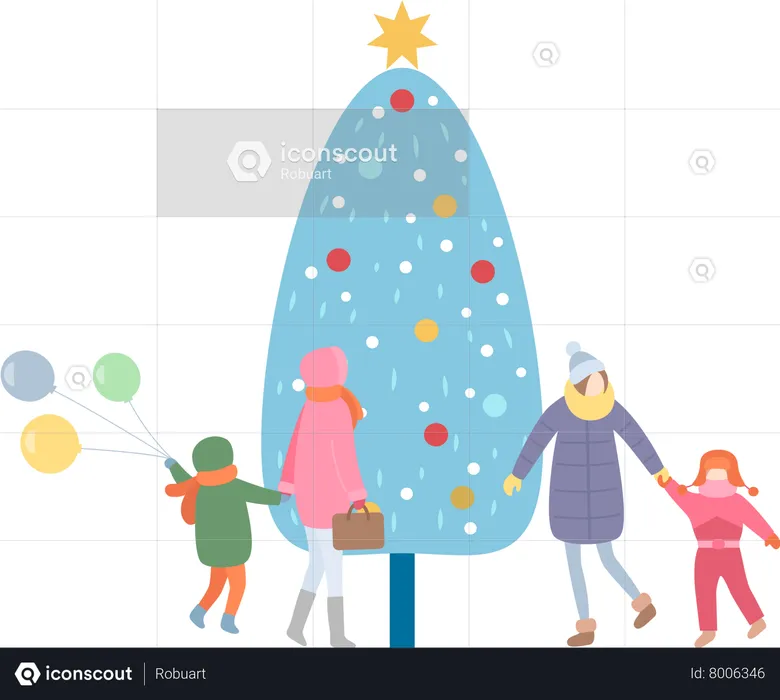 Mother and Kid Walking by Christmas Tree  Illustration