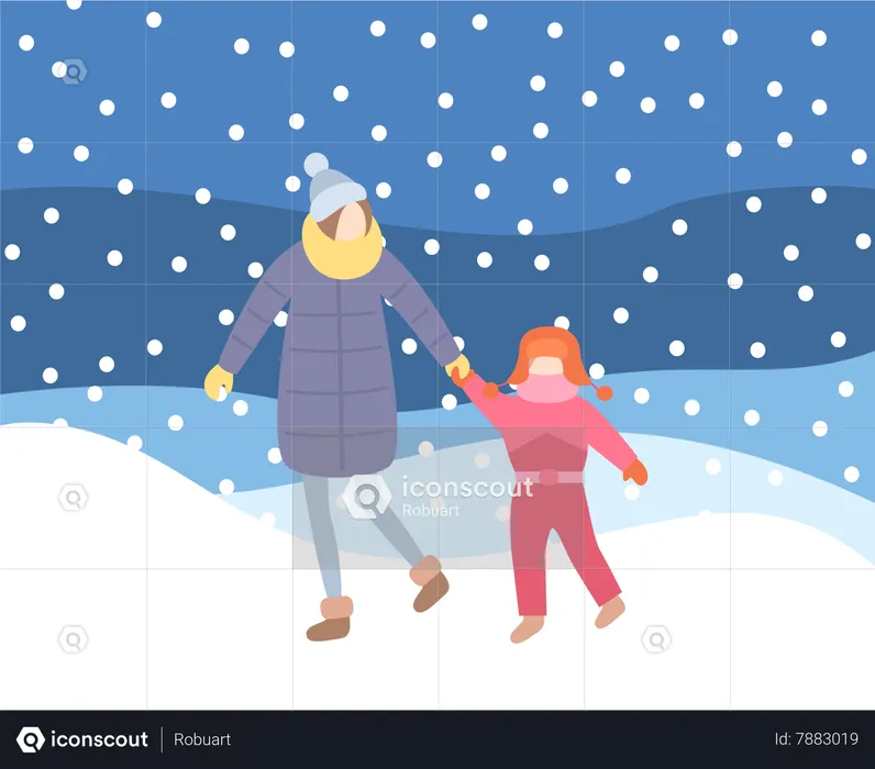 Mother and Kid Walking in Evening Blizzard Wintertime  Illustration