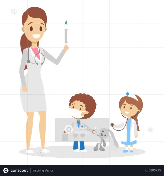 Mother and kids playing doctor game  Illustration