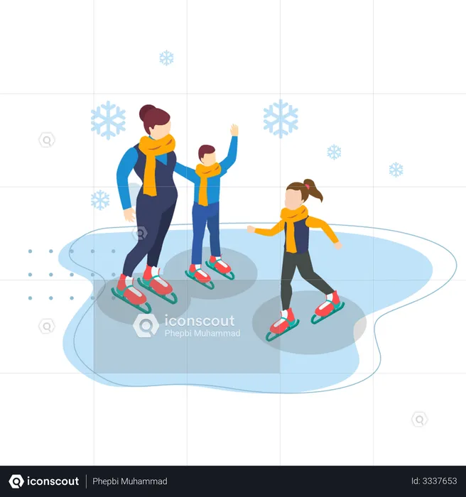 Mother and kids playing with snow  Illustration
