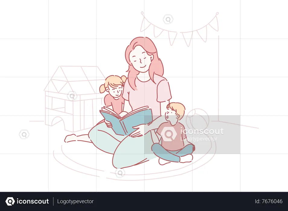Mother and kids reading book  Illustration