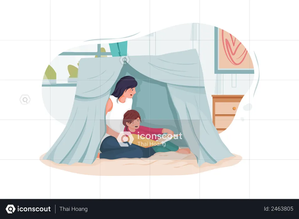 Mother and little children reading book in tent at home  Illustration