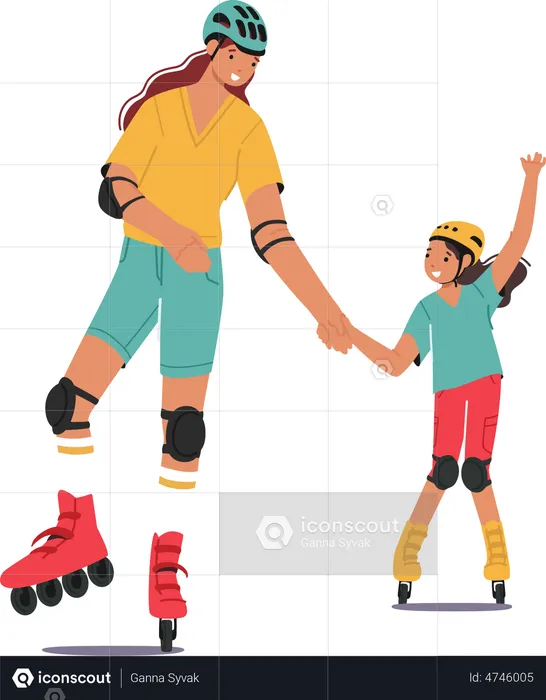 Mother and Little Daughter Rollerblading  Illustration