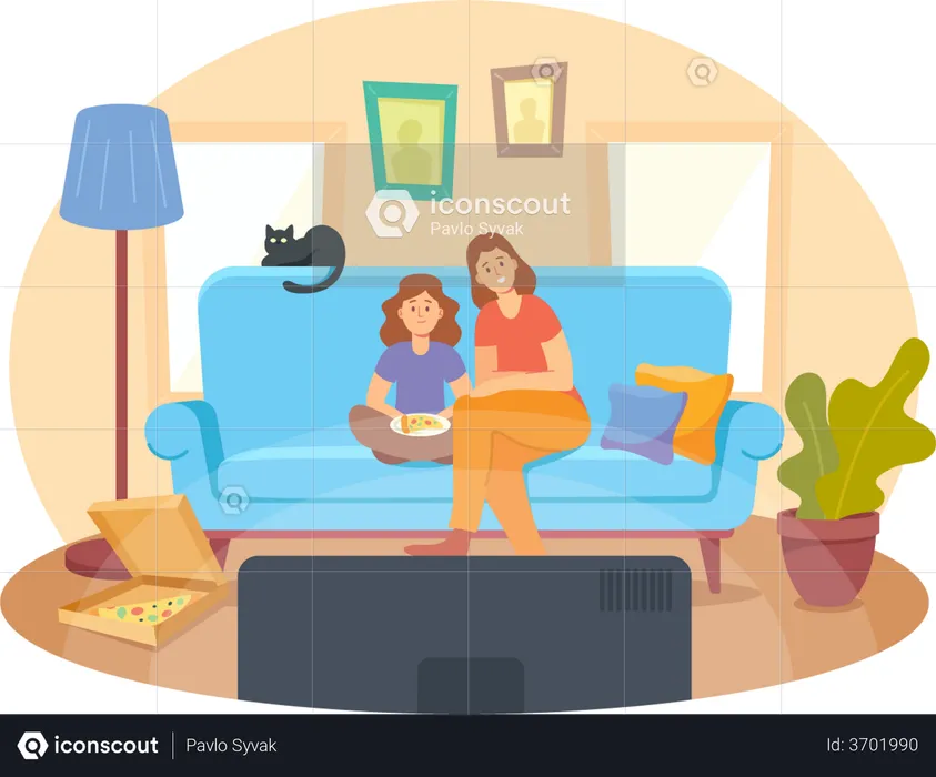 Mother and Little Daughter with Pizza and Cat Sitting on Sofa Watching Movie  Illustration