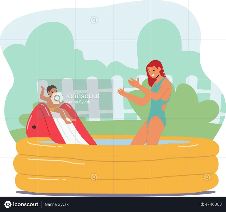 Mother and Little Son Playing in Swimming Pool  Illustration