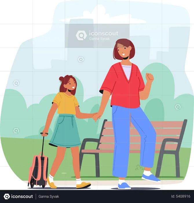 Mother and Schoolgirl Walking on Lesson at Morning  Illustration