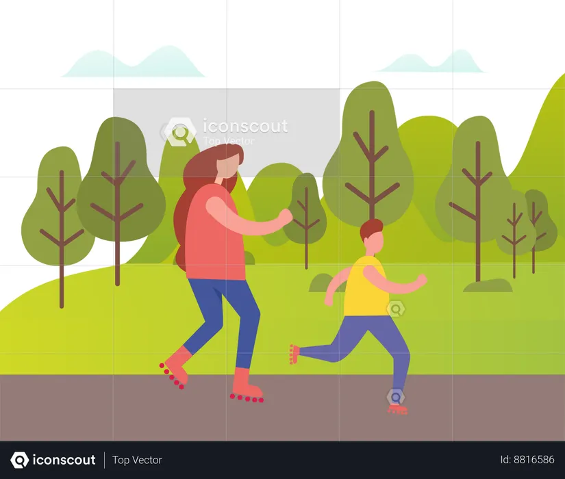Mother and son are playing in garden  Illustration